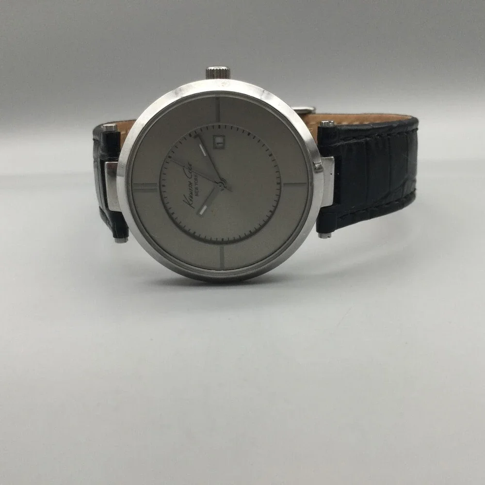 Kenneth Cole KC2279 Mens Watch 34mm Silver Tone Black Leather Date New Battery